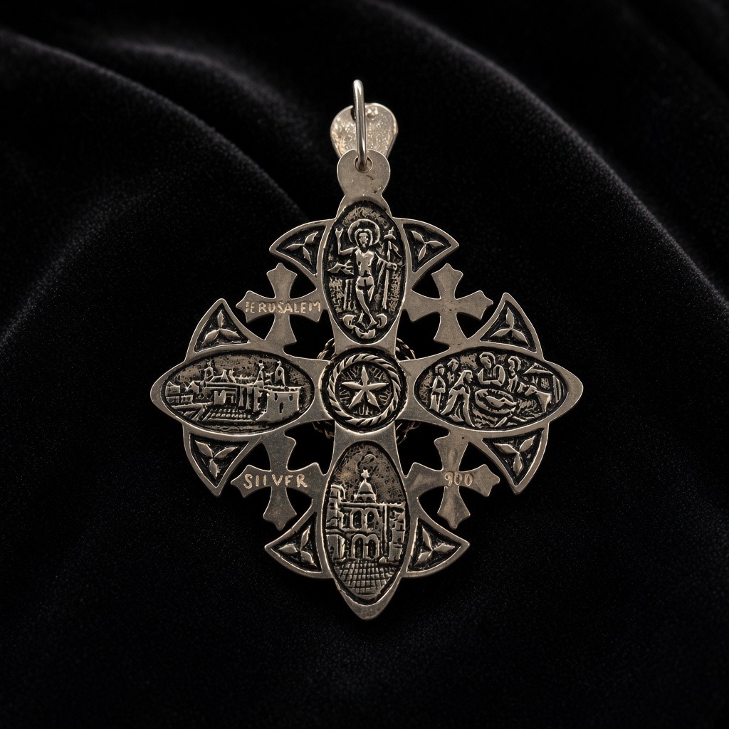 Jerusalem Cross pendant in 900 silver with four holy-scene panels on velvet